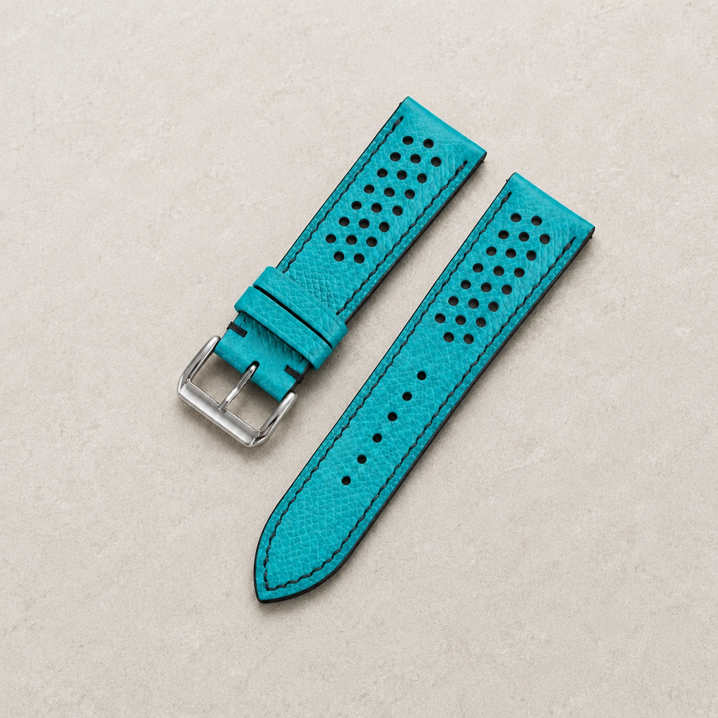 Turquoise and Black Racing Small Holes Rally Epsom Leather Watch Strap