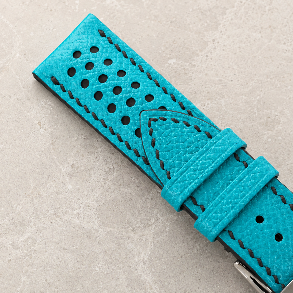 Turquoise and Black Racing Small Holes Rally Epsom Leather Watch Strap