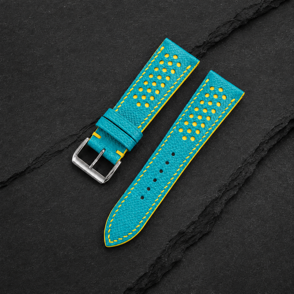 Turquoise and Yellow Racing Small Holes Rally Epsom Leather Watch Strap