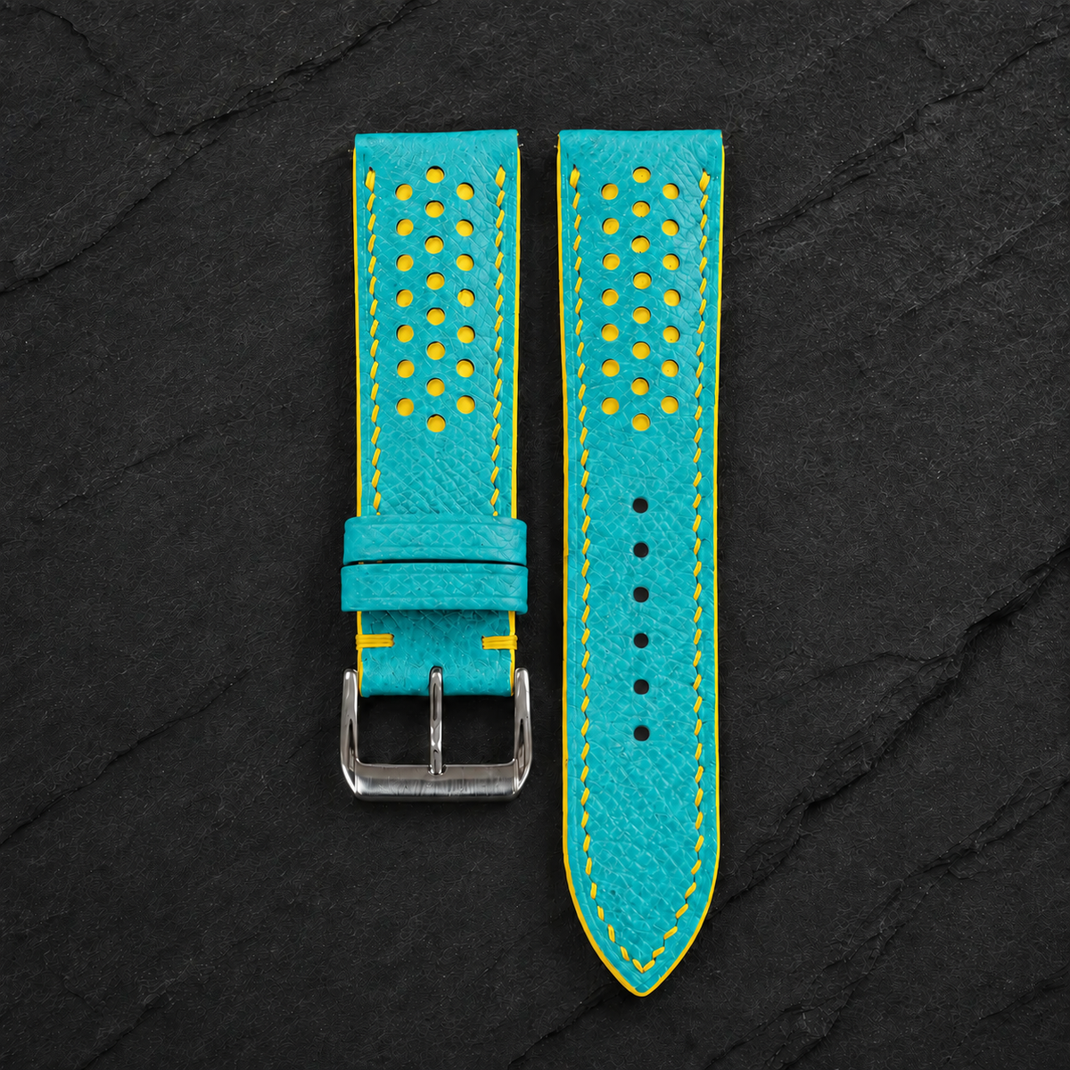 Turquoise and Yellow Racing Small Holes Rally Epsom Leather Watch Strap