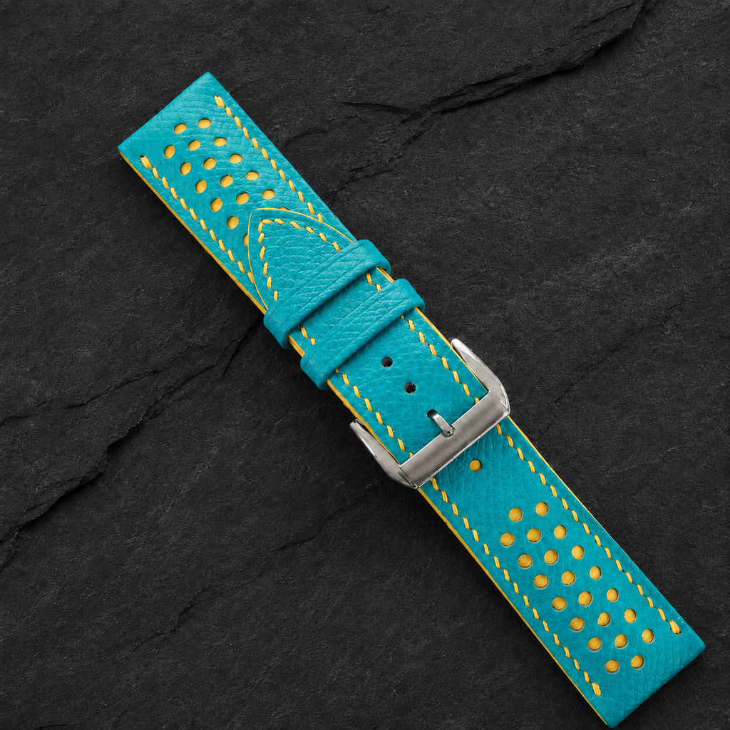 Turquoise and Yellow Racing Small Holes Rally Epsom Leather Watch Strap