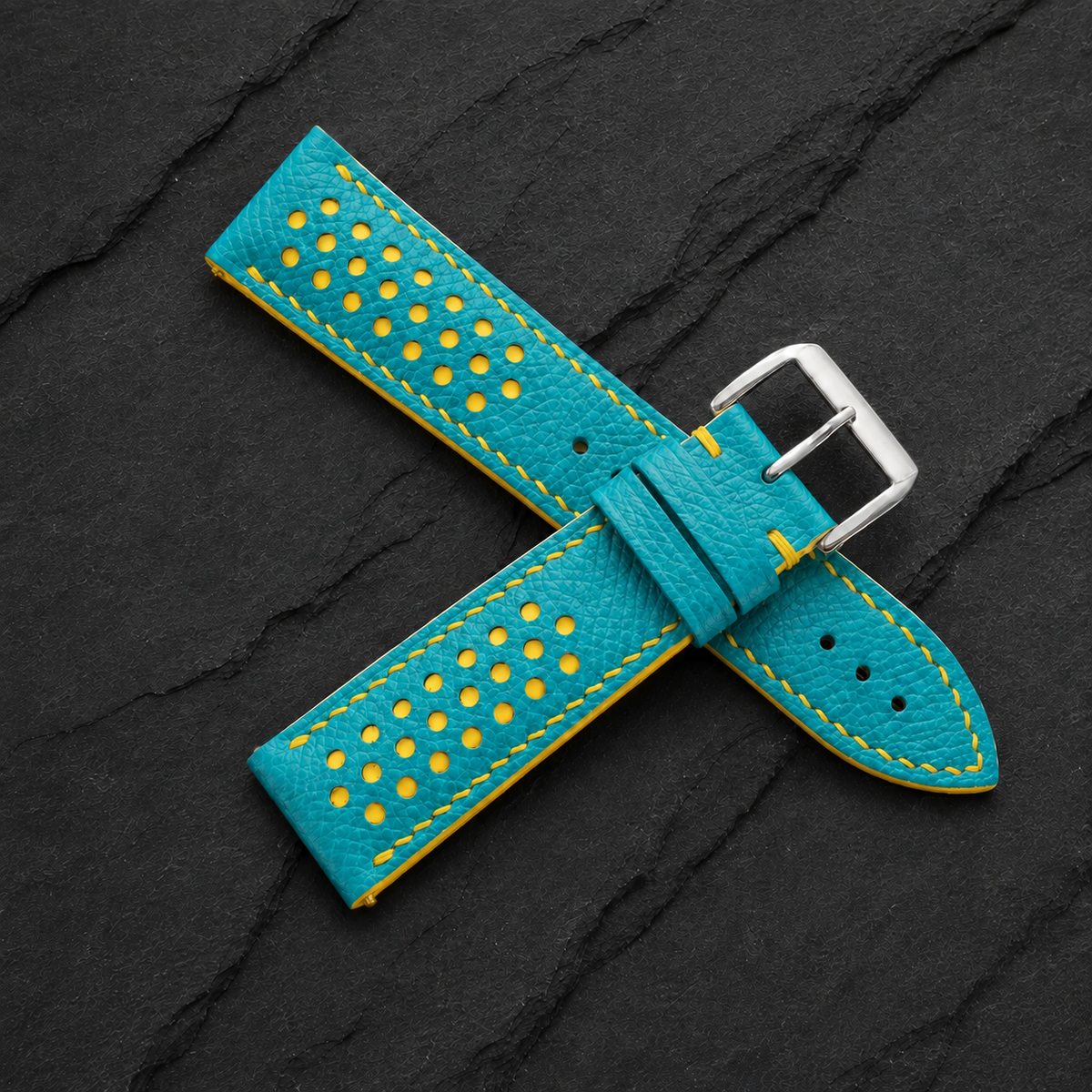 Turquoise and Yellow Racing Small Holes Rally Epsom Leather Watch Strap