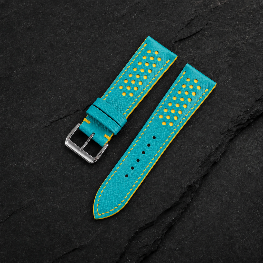 Turquoise and Yellow Racing Small Holes Rally Epsom Leather Watch Strap