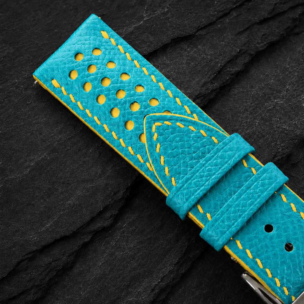 Turquoise and Yellow Racing Small Holes Rally Epsom Leather Watch Strap