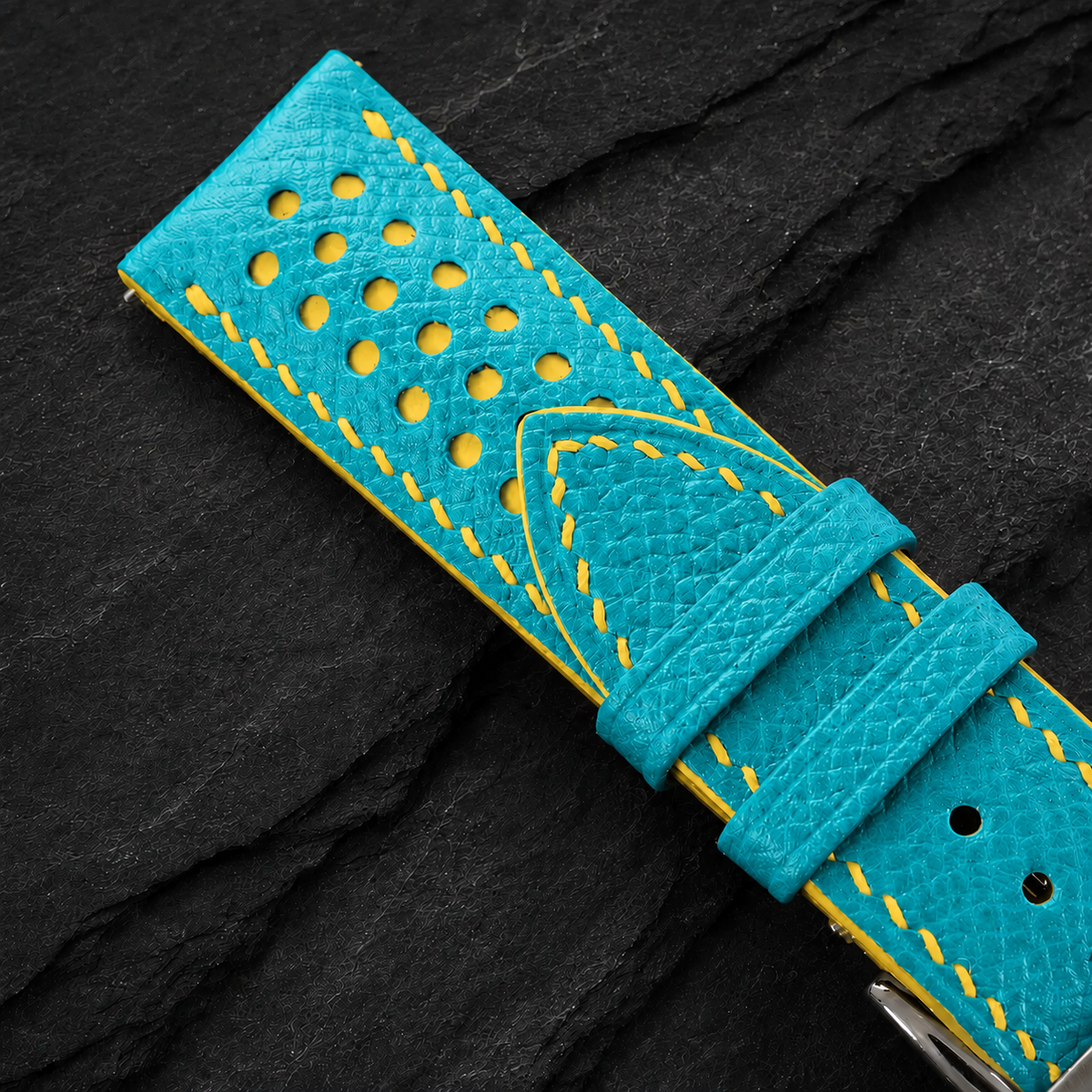 Turquoise and Yellow Racing Small Holes Rally Epsom Leather Watch Strap