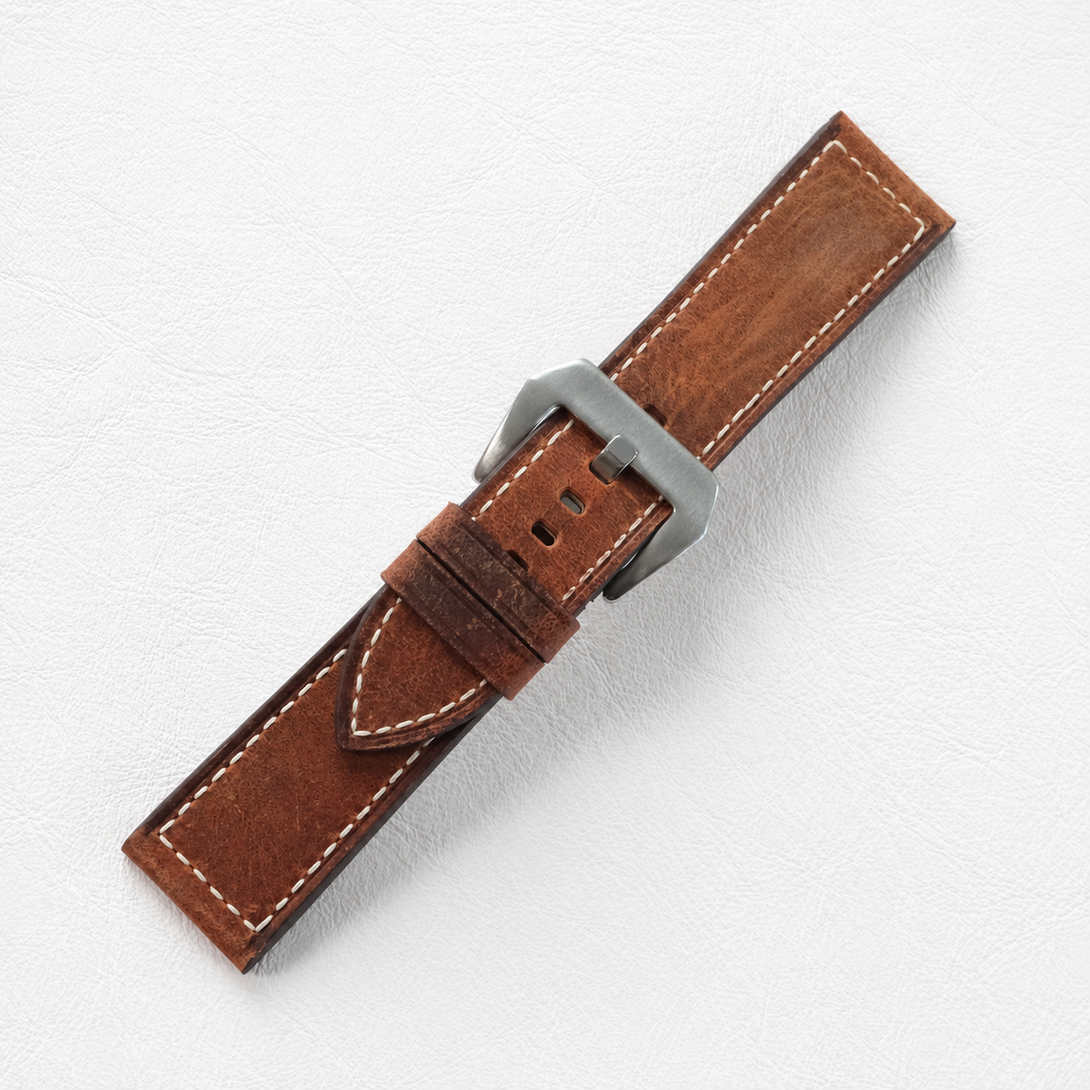Vintage Brown Waxed Box Stitch Leather Watch Strap