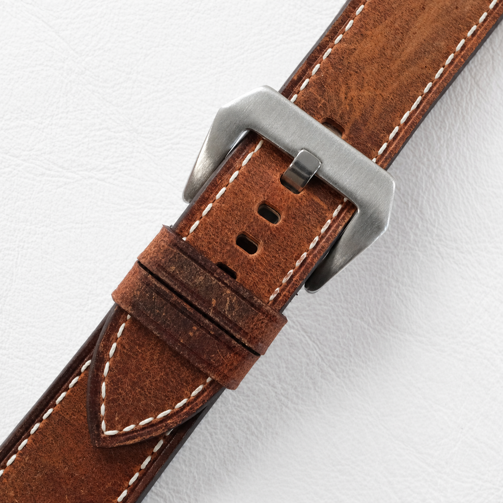 Vintage Brown Waxed Box Stitch Leather Watch Strap