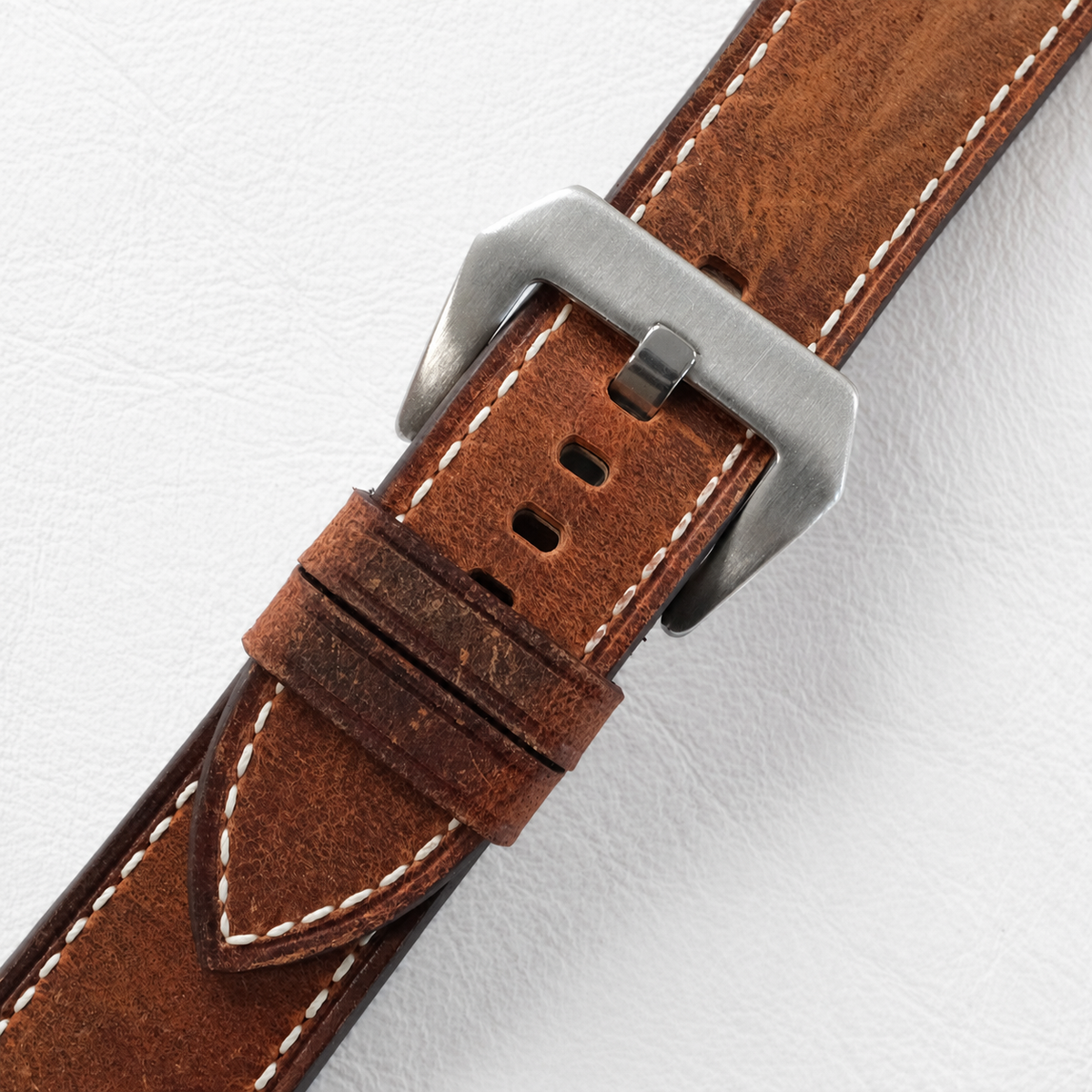 Vintage Brown Waxed Box Stitch Leather Watch Strap