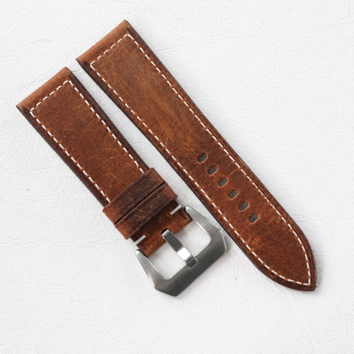 Vintage Brown Waxed Box Stitch Leather Watch Strap