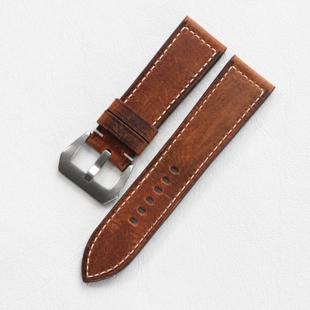 Vintage Brown Waxed Box Stitch Leather Watch Strap