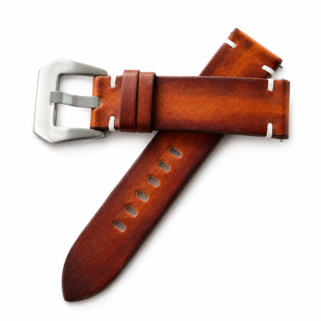 Vintage Cognac Brown Patina Vegetable Tanned Leather Watch Strap