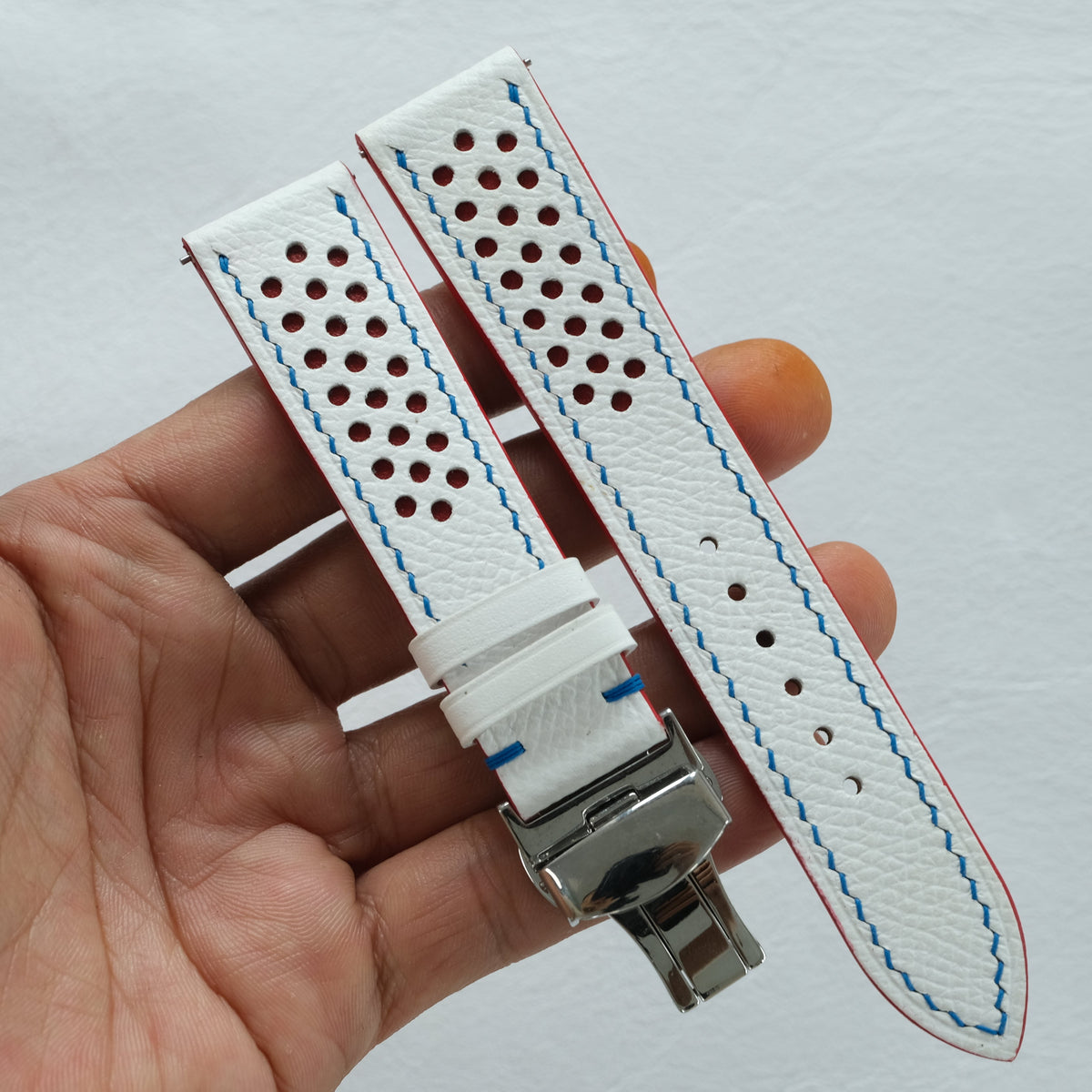 White and Red Racing Epsom Leather Watch Strap